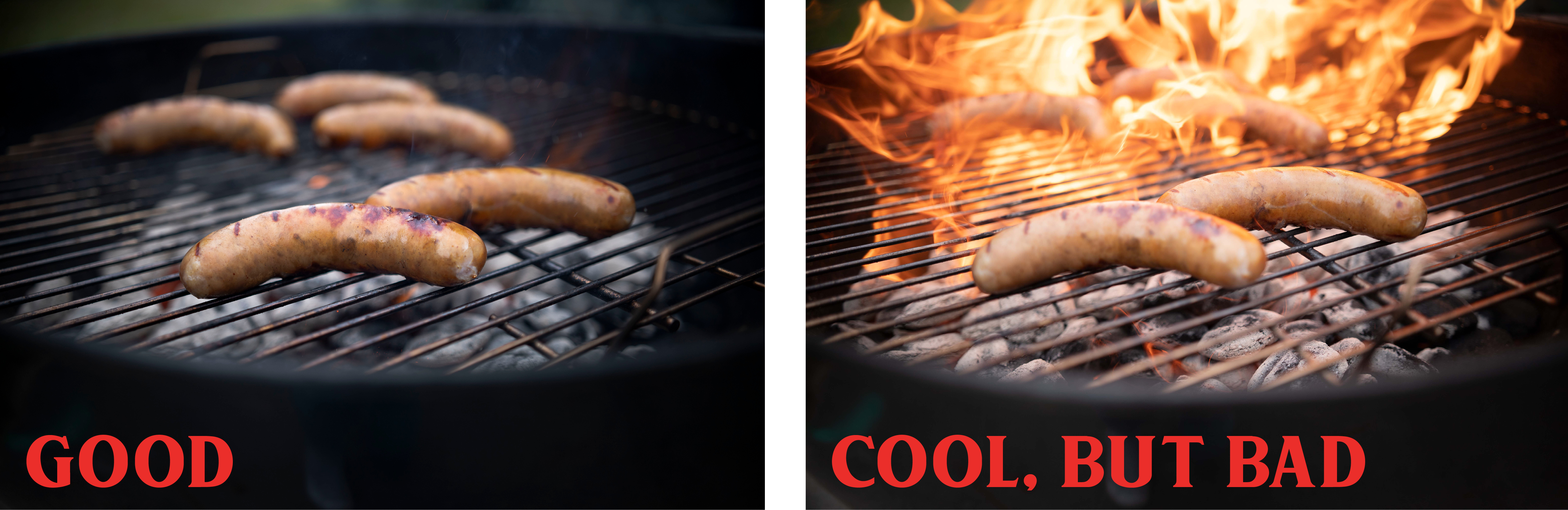 Side by side of brat on grill and brat on fire